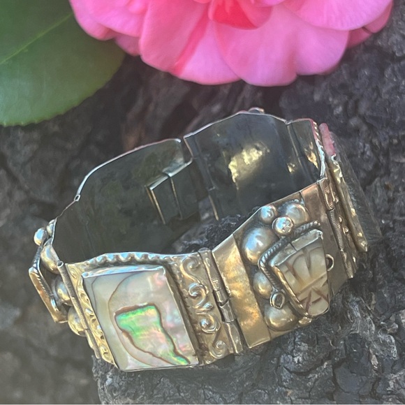 Taxco Jewelry - Taxco Sterling Silver and Iridescent Bracelet, Chunky, Marked 925. Nice Weight